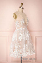 Champagne v neck tulle lace short Formal Prom dress champagne tulle bridesmaid dress