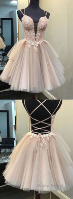 Champagne v neck tulle lace short Formal Prom dress lace homecoming dress