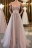 Champagne v neck tulle long Formal Prom dress, champagne evening dress