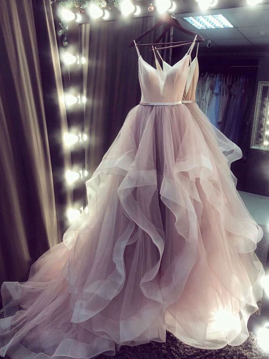 Champagne V Neck Tulle Long Formal Prom Dresses Champagne Prom Dresses Main image