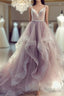 Champagne v neck tulle long Formal Prom dress champagne tulle formal dress