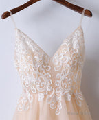 Champagne V Neck Tulle Long Prom Dress, Lace Evening Dress