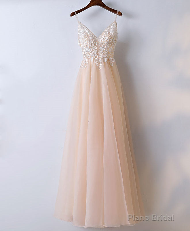 Champagne V Neck Tulle Long Prom Dress, Lace Evening Dress Main image