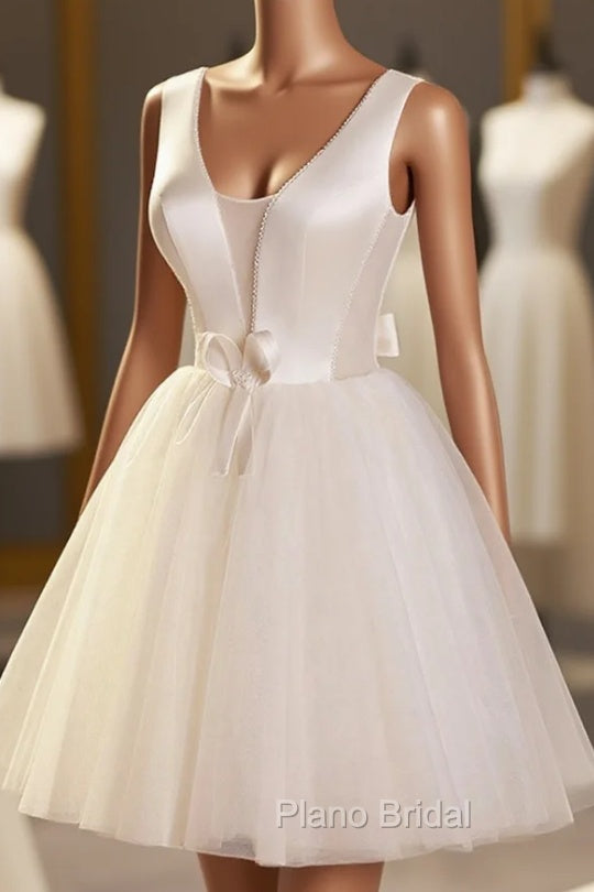 Champagne V-Neck Tulle Short Formal Prom Dresses, Champagne Homecoming Dresses