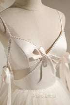 Champagne V-Neck Tulle Short Formal Prom Dresses, Spaghetti Straps Party Dresses with Bow