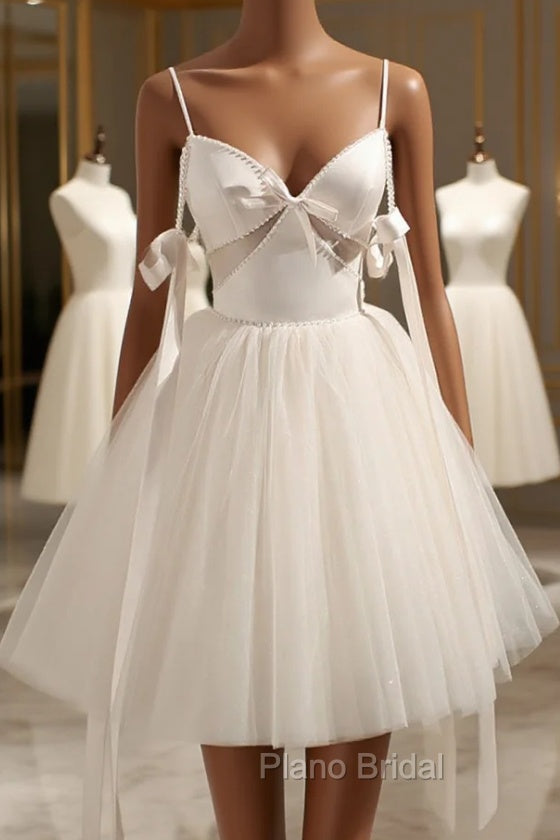 Champagne V-Neck Tulle Short Formal Prom Dresses, Spaghetti Straps Party Dresses with Bow