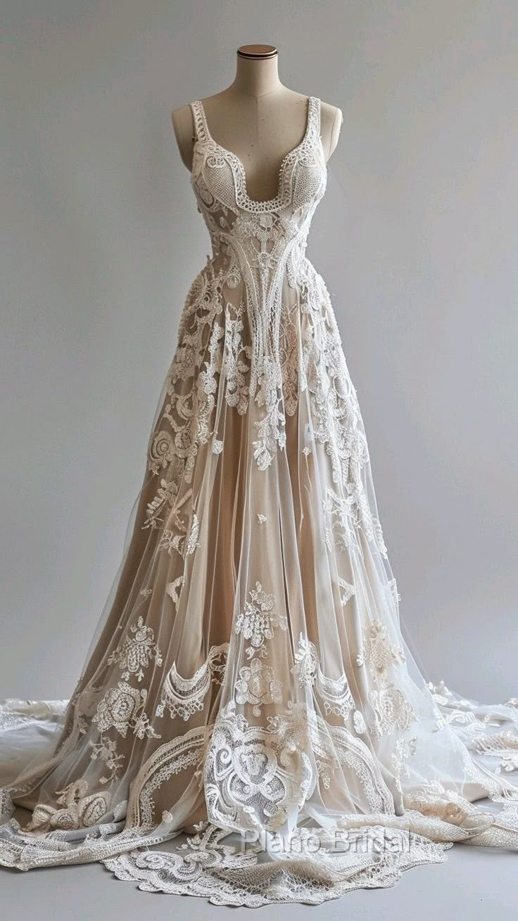 Champagne Vintage A-Line Spaghetti Strap Lace Tulle Long Formal Prom Dresses Wedding Dresses Secondary image