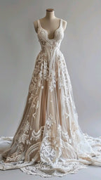 Champagne Vintage A-Line Spaghetti Strap Lace Tulle Long Formal Prom Dresses Wedding Dresses