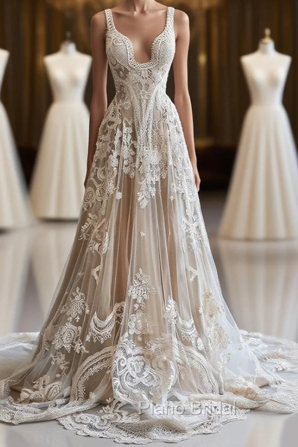 Champagne Vintage A-Line Spaghetti Strap Lace Tulle Long Formal Prom Dresses Wedding Dresses Main image