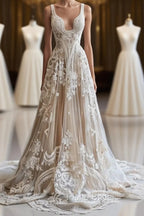 Champagne Vintage A-Line Spaghetti Strap Lace Tulle Long Formal Prom Dresses Wedding Dresses