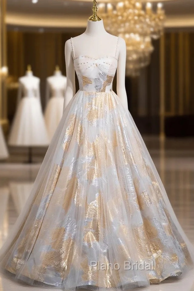 Champagne White Spaghetti Straps Beading Formal Prom Dresses