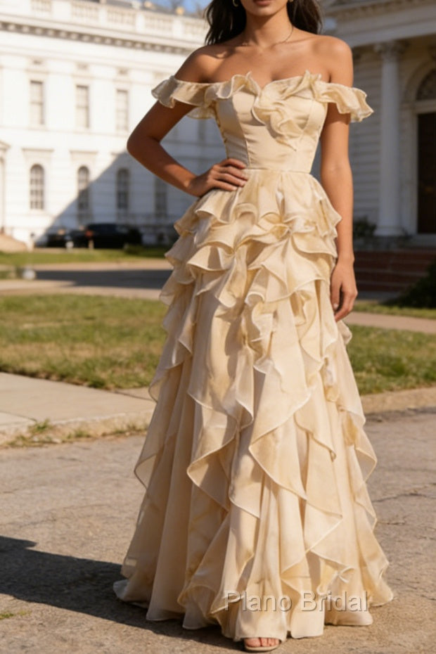 Champagne Ruffled A-Line Square Neck Long Prom Dress Main image