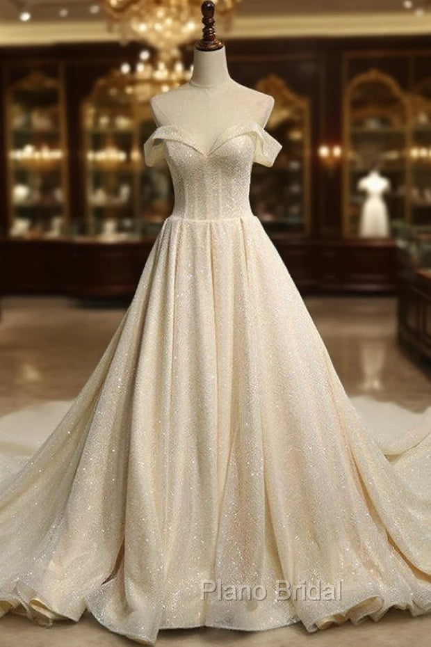 Champange Ball Gown Tulle Off The Shoulder Backless Wedding Dresses Main image