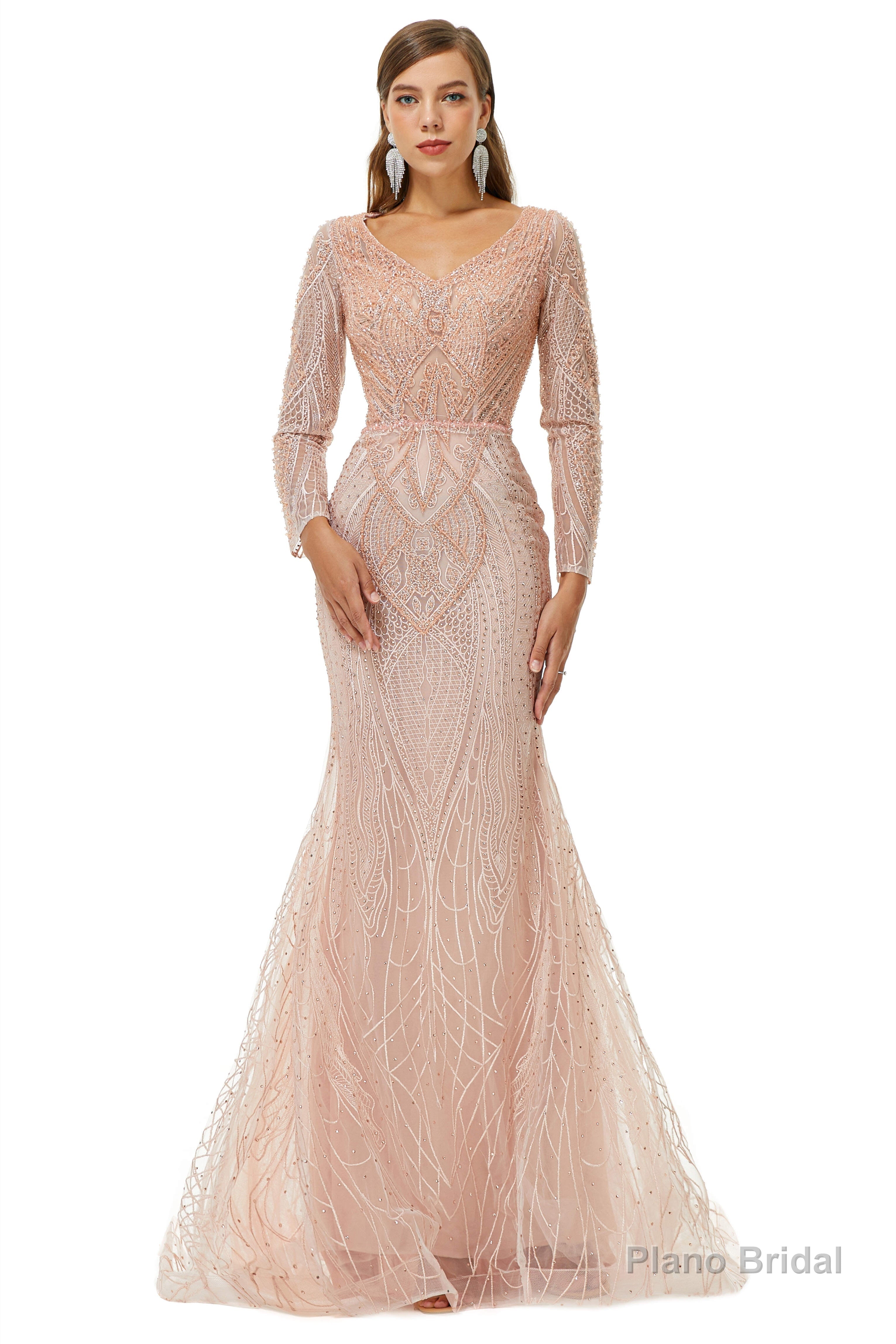 Neckline Long Sleeve Mermaid Lace Pattern Tulle Beading Prom Dresses