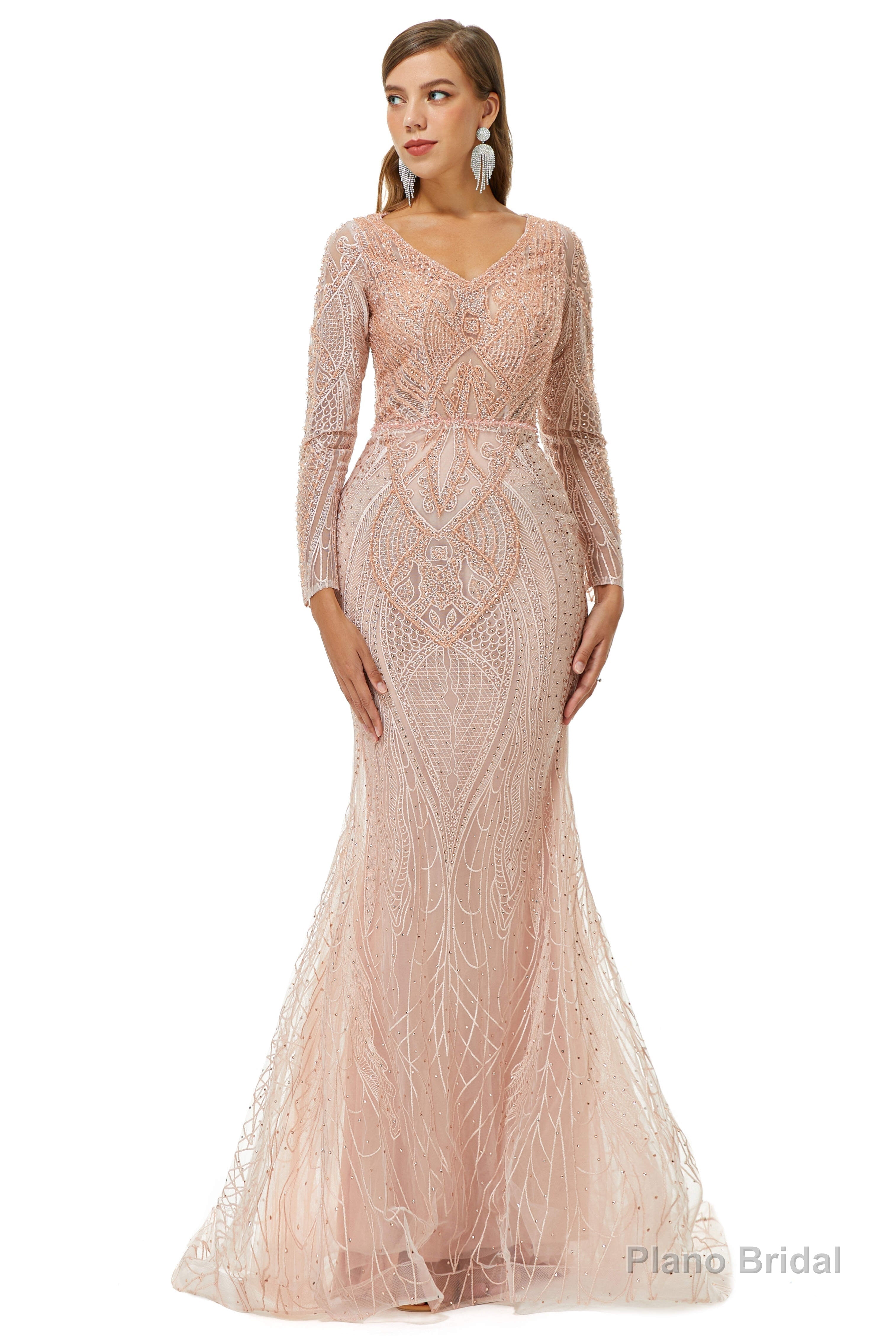 Neckline Long Sleeve Mermaid Lace Pattern Tulle Beading Prom Dresses