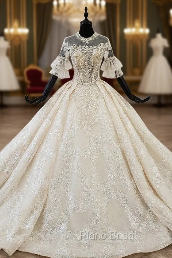 Champange Tulle Sequins Short Sleeve Backless Beading Wedding Dresses Main image