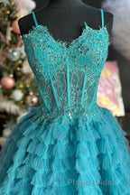 Periwinkle Lace Sweetheart Tiered Long Formal Prom Dresses with Ruffles
