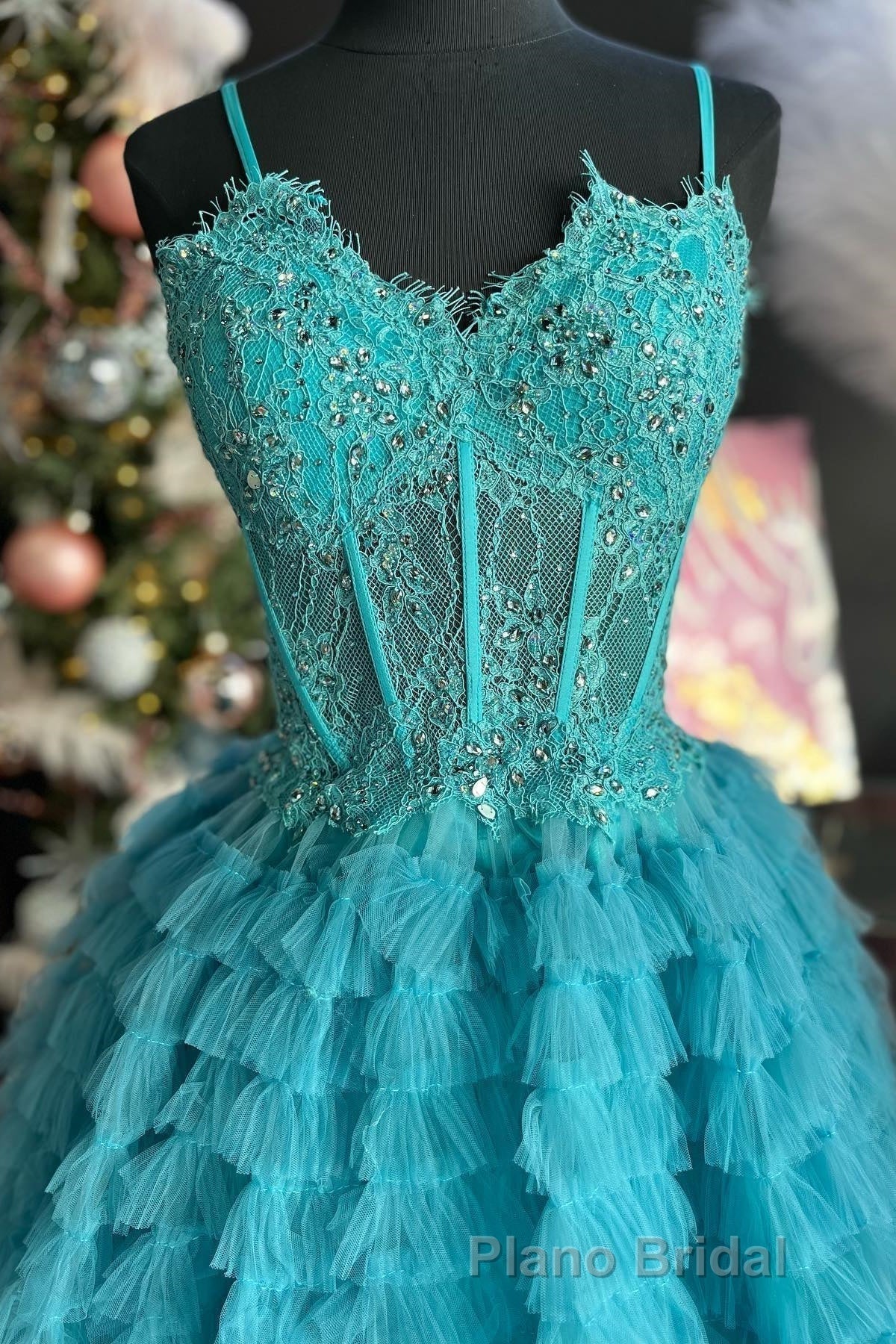 Periwinkle Lace Sweetheart Tiered Long Formal Prom Dresses with Ruffles