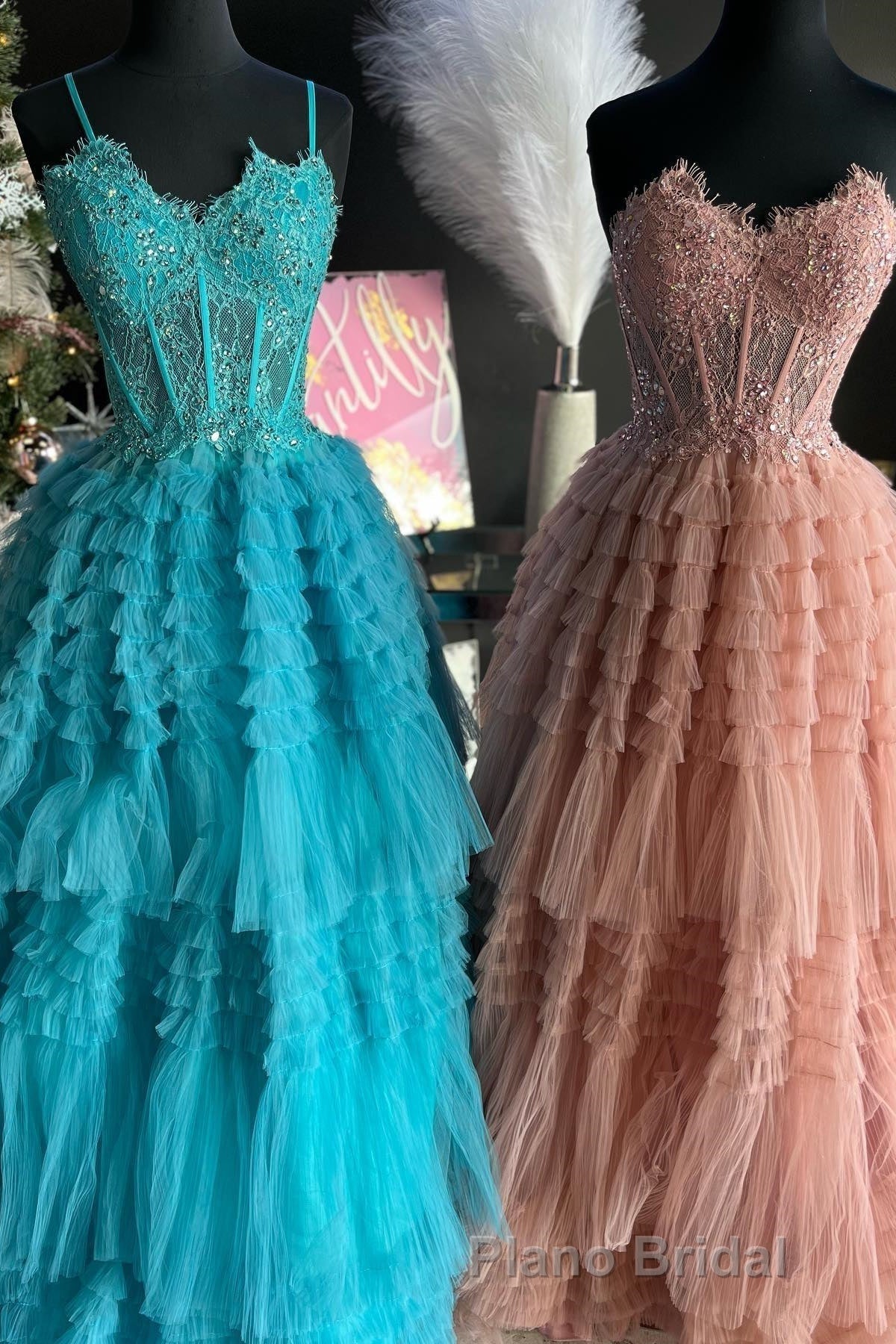 Periwinkle Lace Sweetheart Tiered Long Formal Prom Dresses with Ruffles