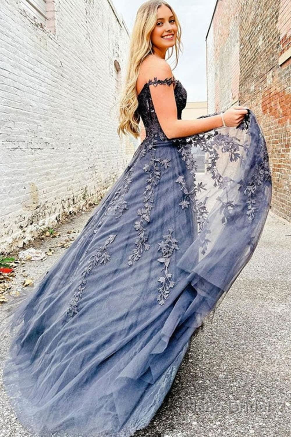 Charcoal Off the Shoulder Prom Dress with Appliques Secondary image