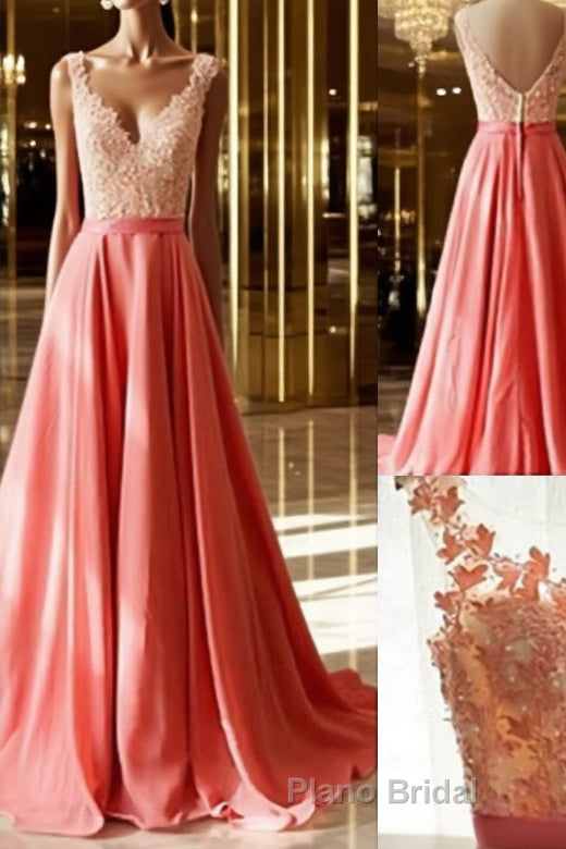 Charming A-Line Appliques V-Neck Lace Long Formal Prom Dresses, Long Formal Dresses Main image