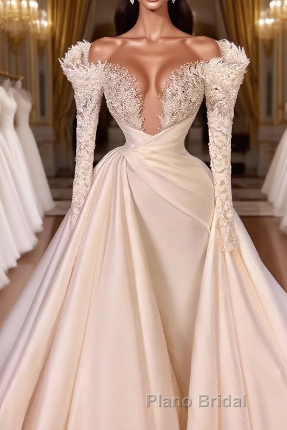 Charming A-Line Cathedral V-Neck Long Wedding Dress With Long Sleeves Main image