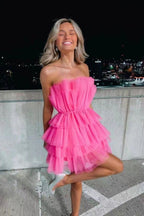 Line Hot Pink Short Homecoming Dresses, Strapless Party Dresses