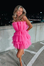 Line Hot Pink Short Homecoming Dresses, Strapless Party Dresses