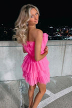Line Hot Pink Short Homecoming Dresses, Strapless Party Dresses