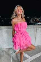 Line Hot Pink Short Homecoming Dresses, Strapless Party Dresses