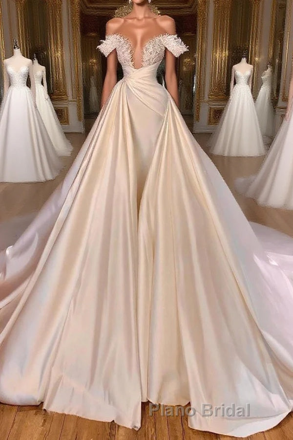 Charming A-Line Off-the-shoulder Cathedral V-Neck Long Wedding Dress Main image