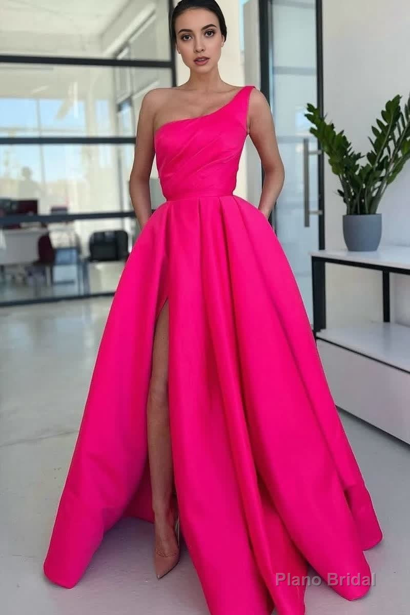 Charming A Line One Shoulder Fuchsia Sequins Long Prom Dresses with Slit