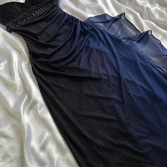 Charming A Line Spaghetti Strap Beaded Navy Blue Ombre Chiffon Party Dresses Formal Evening Dresses