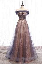 Charming A-Line Tulle Long Off Shoulder Party Dresses, Formal Prom Dresses