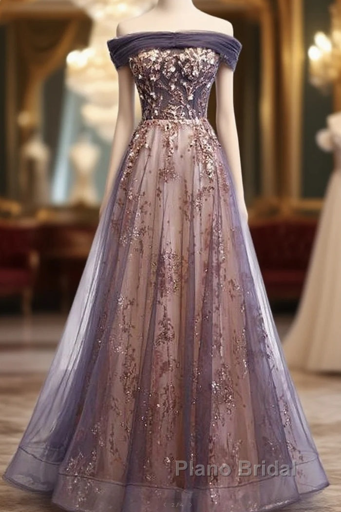 Charming A-Line Tulle Long Off Shoulder Party Dresses, Formal Prom Dresses