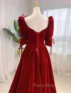Charming A-line Velvet Long Party Dresses, A-line Floor Length Wedding Party Dresses