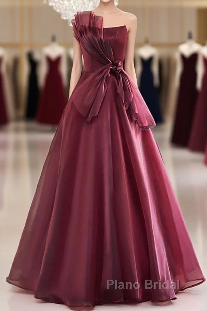Charming And Elegant Wine Red Sleeveless Off Shoulder Ball Dresses, Wine Red A-Shaped Princess Strapless Butterfly Tie With Backless Strap And Ground Length Formal Prom Dresses Main image