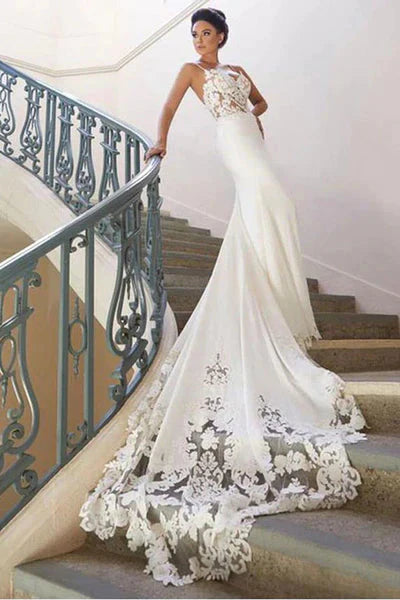 Charming Appliques Lace Mermaid Wedding Dresses With Straps, Sexy Sleeveless Formal Prom Gown