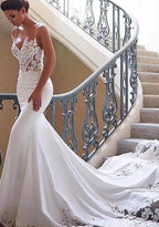 Charming Appliques Lace Mermaid Wedding Dresses With Straps, Sexy Sleeveless Formal Prom Gown