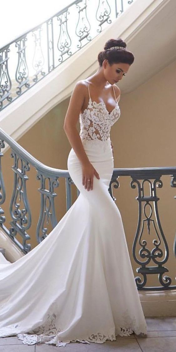 Charming Appliques Lace Mermaid Wedding Dresses With Straps, Sexy Sleeveless Formal Prom Gown Main image
