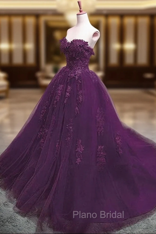 Charming Ball Gown Purple Tulle Sweetheart Lace Applique Formal Dresses, Purple Sweet 16 Dresses Main image
