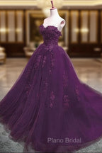 Charming Ball Gown Purple Tulle Sweetheart Lace Applique Formal Dresses, Purple Sweet 16 Dresses