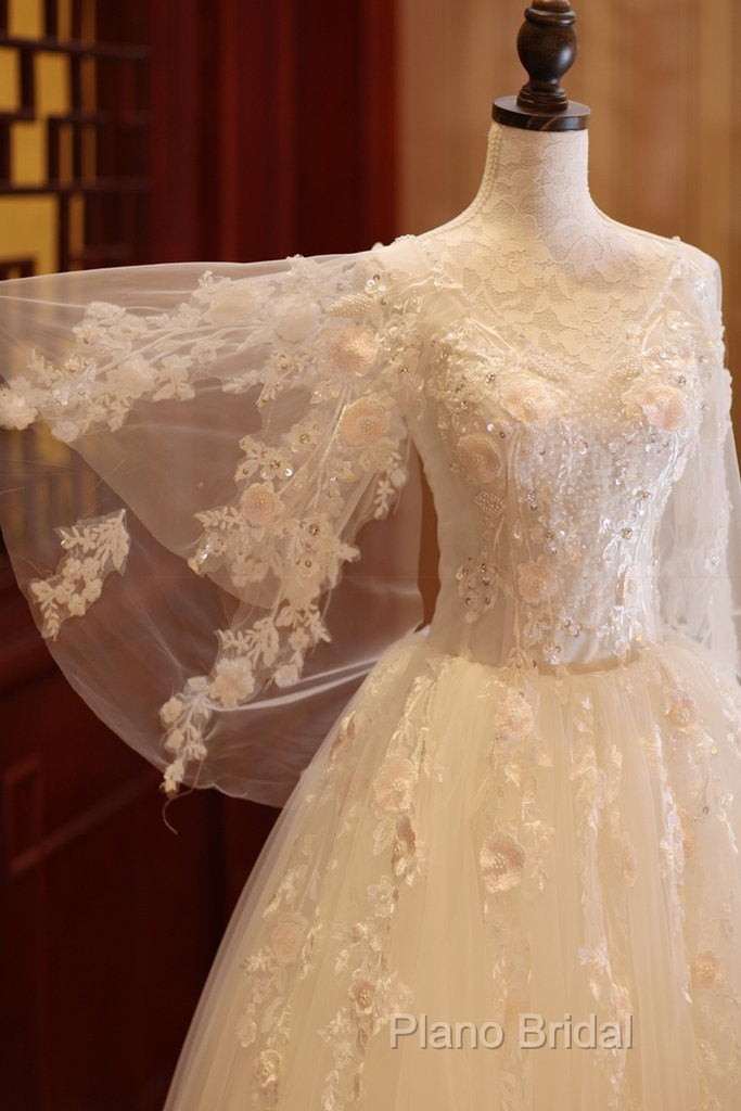 Charming Beautiful Ivory Tulle With Flowers Long Wedding Party Dresses, Tulle Simple Wedding Dresses Formal Prom Dresses Party Dresses