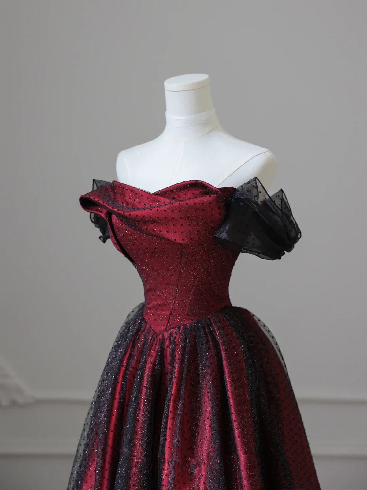 Charming Black And Red Off Shoulder A-Line Formal Prom Dresses, Long Party Dresses