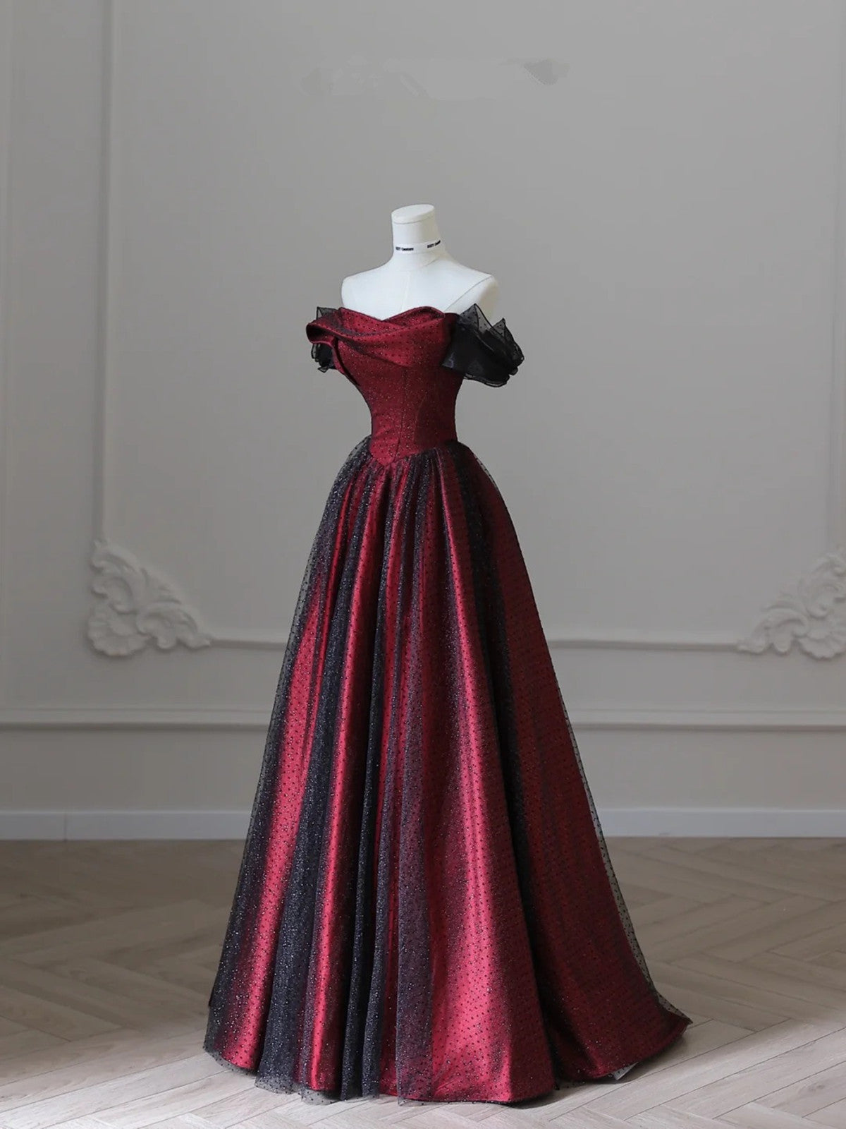Charming Black And Red Off Shoulder A-Line Formal Prom Dresses, Long Party Dresses