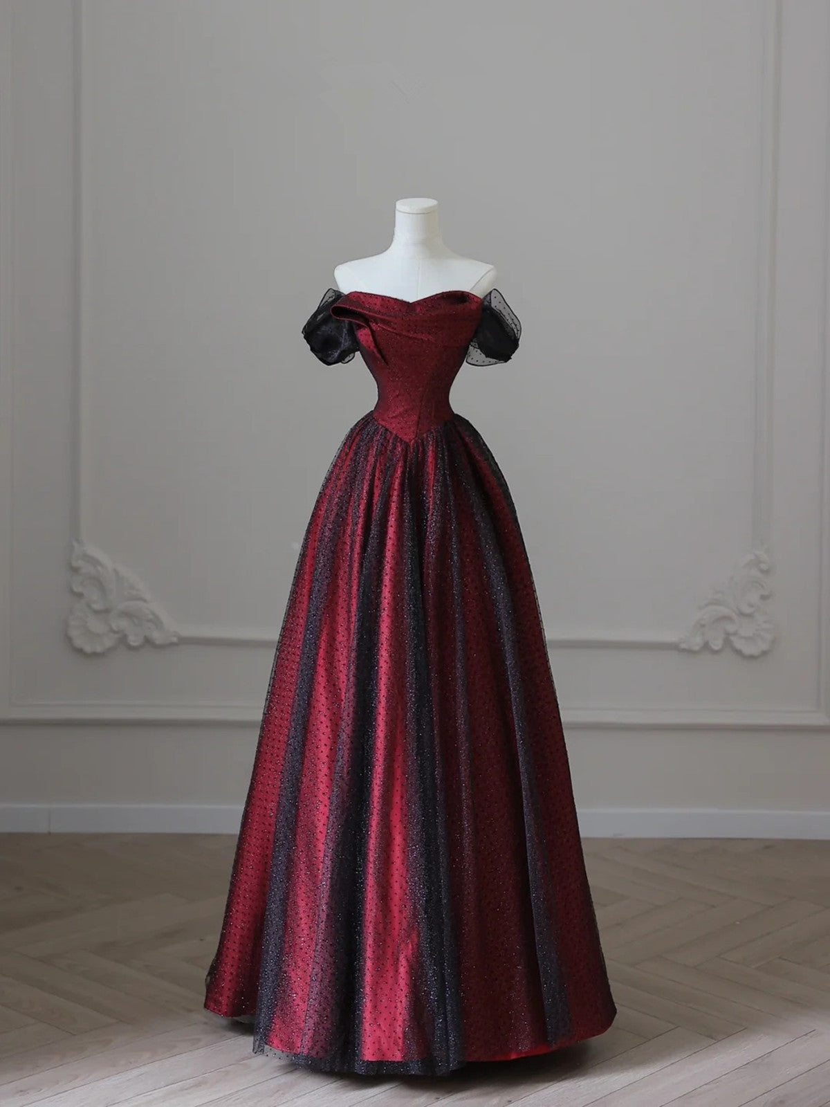Charming Black And Red Off Shoulder A-Line Formal Prom Dresses, Long Party Dresses Main image
