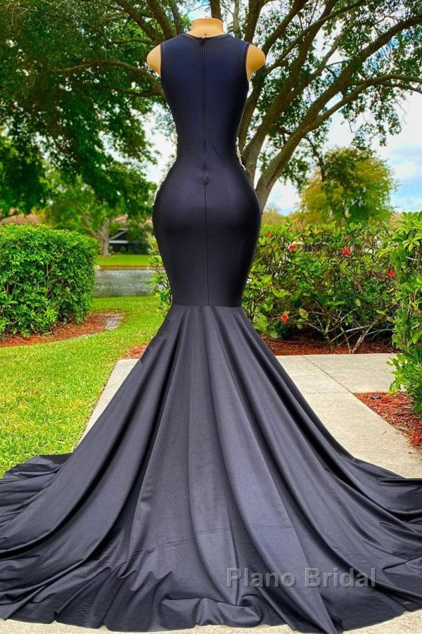 Charming Black Long Mermadi Jewel Satin Tulle Lace Appliques Formal Prom Dress Secondary image