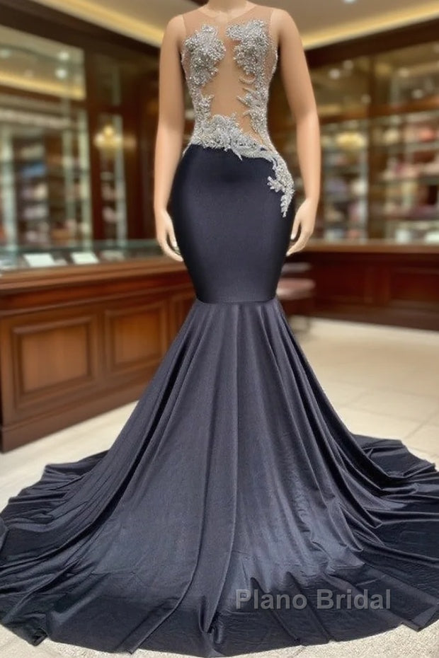 Charming Black Long Mermadi Jewel Satin Tulle Lace Appliques Formal Prom Dress Main image