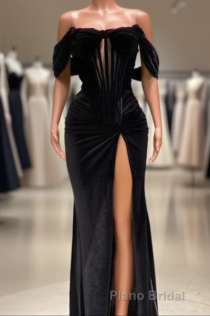 Charming Black Long Mermaid Off the Shoulder Velvet Formal Prom Dresses with Slit Main image