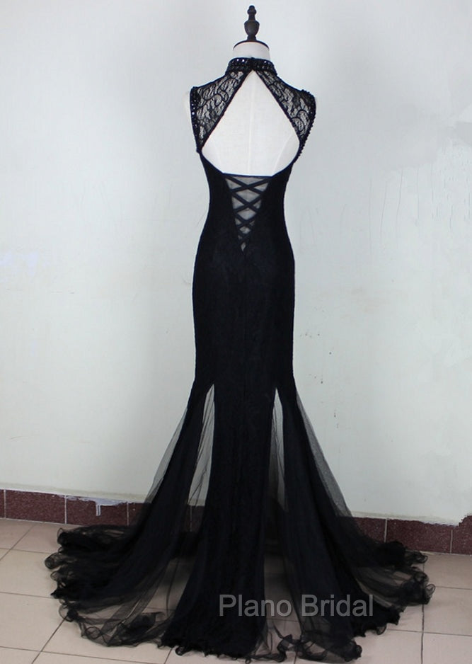 Charming Black Mermaid Backless Long Evening Dresses, High Neckline Formal Prom Dresses Secondary image